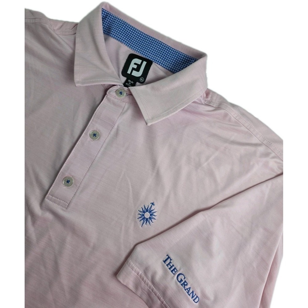 "FootJoy FJ Men's XL Golf Polo Pink Blue Check Collar 'The Grand' Logo Performan